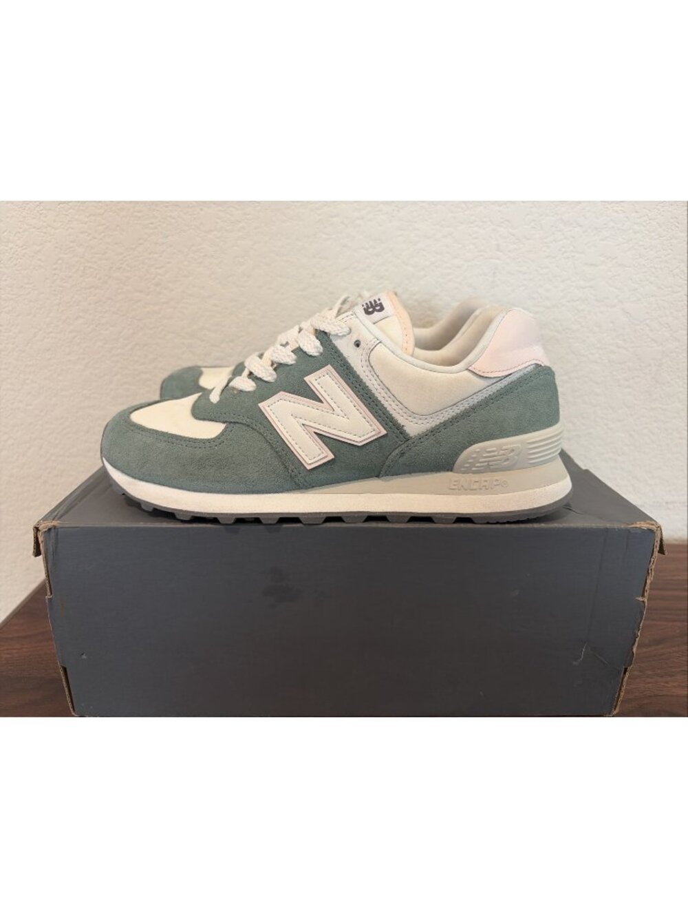 New Balance 574 Dark Juniper Suede Green Cream Pink Sneakers WL574AJ2 Women's 9